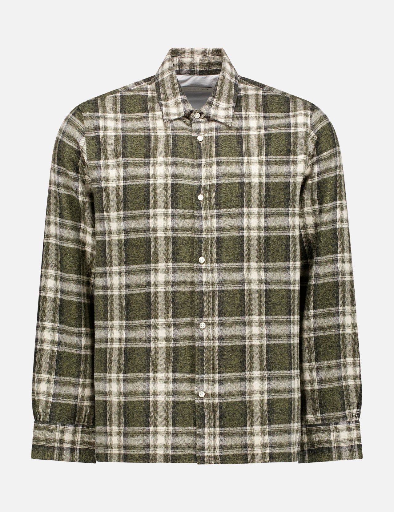 The OFFICINE GÉNÉRALE Alex No Pocket Checked Button Down is a long-sleeved, green shirt in gray and white checks, crafted from Japanese brushed cotton and shown on a plain white background.