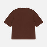 The OFFICINE GÉNÉRALE Boris Loose Knit T-shirt, a brown, short-sleeved crew neck with a relaxed fit, is displayed from the back against a white background.