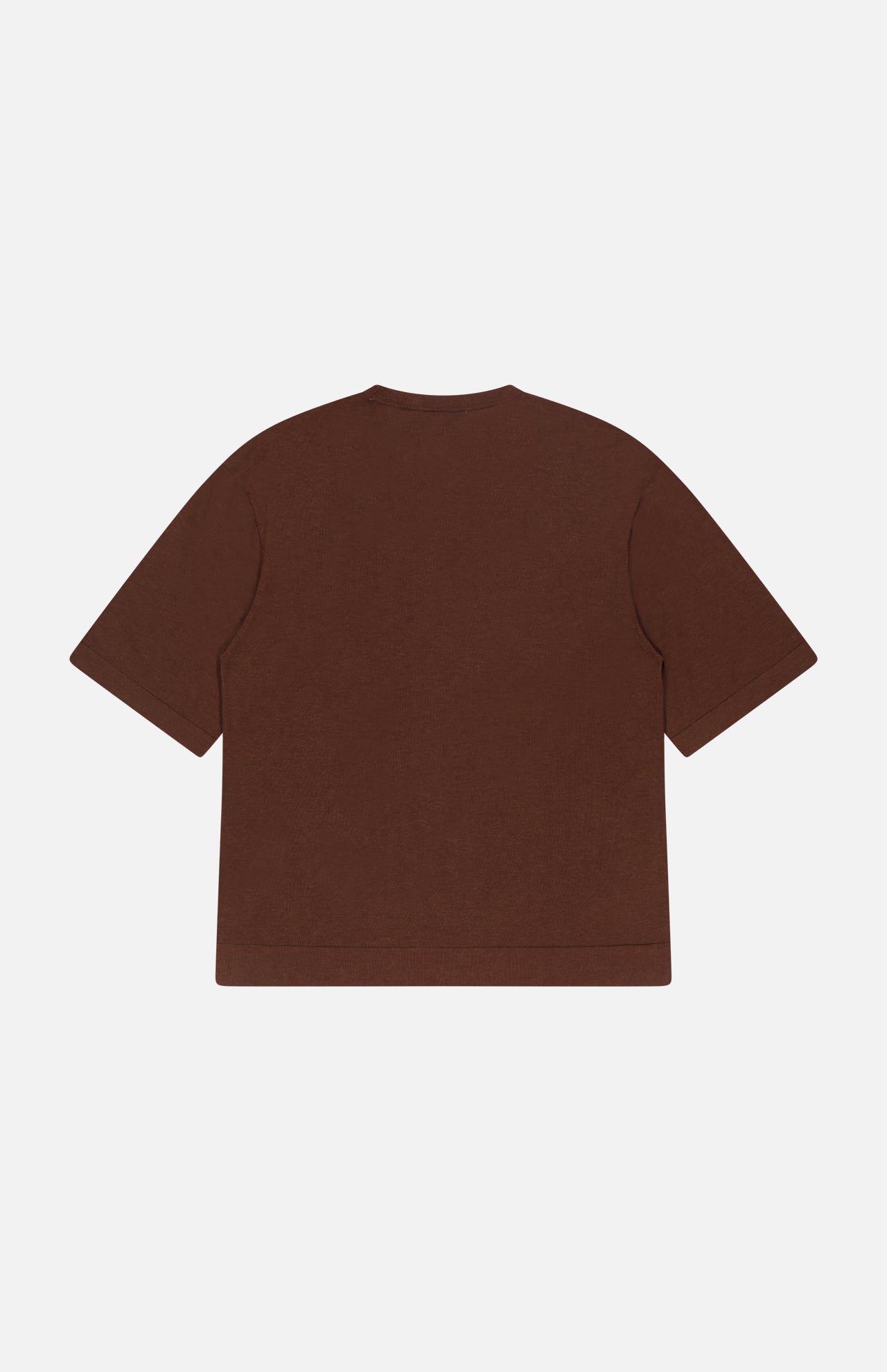 The OFFICINE GÉNÉRALE Boris Loose Knit T-shirt, a brown, short-sleeved crew neck with a relaxed fit, is displayed from the back against a white background.