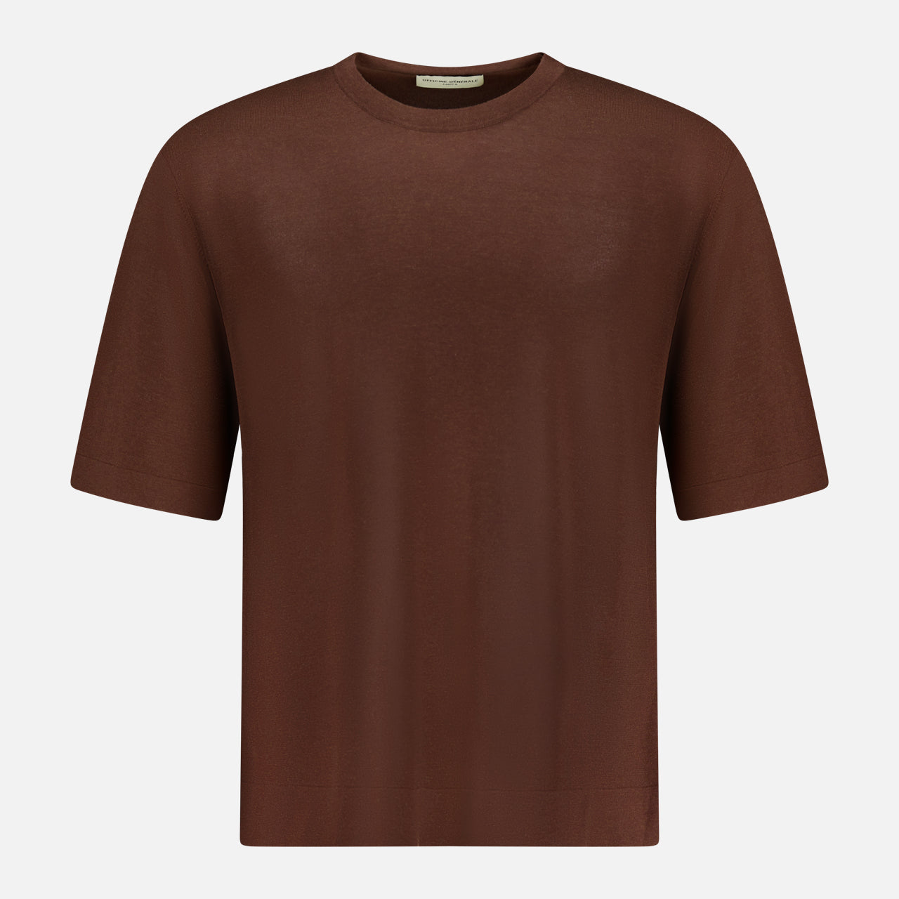The Boris Loose Knit T-shirt by OFFICINE GÉNÉRALE features a loose fit, short sleeves, and a classic crew neckline in brown, shown on a white background.