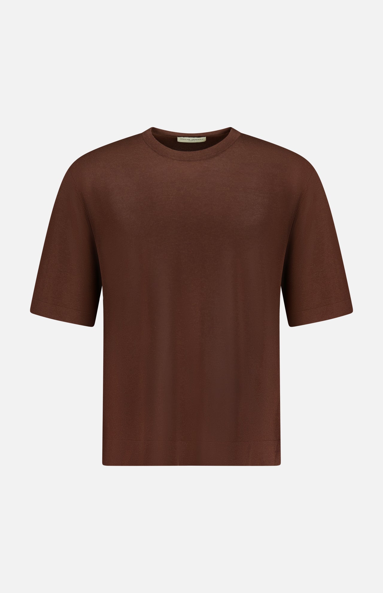 The Boris Loose Knit T-shirt by OFFICINE GÉNÉRALE features a loose fit, short sleeves, and a classic crew neckline in brown, shown on a white background.