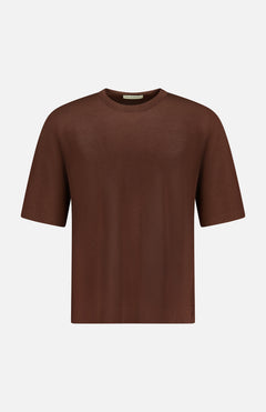 The Boris Loose Knit T-shirt by OFFICINE GÉNÉRALE features a loose fit, short sleeves, and a classic crew neckline in brown, shown on a white background.