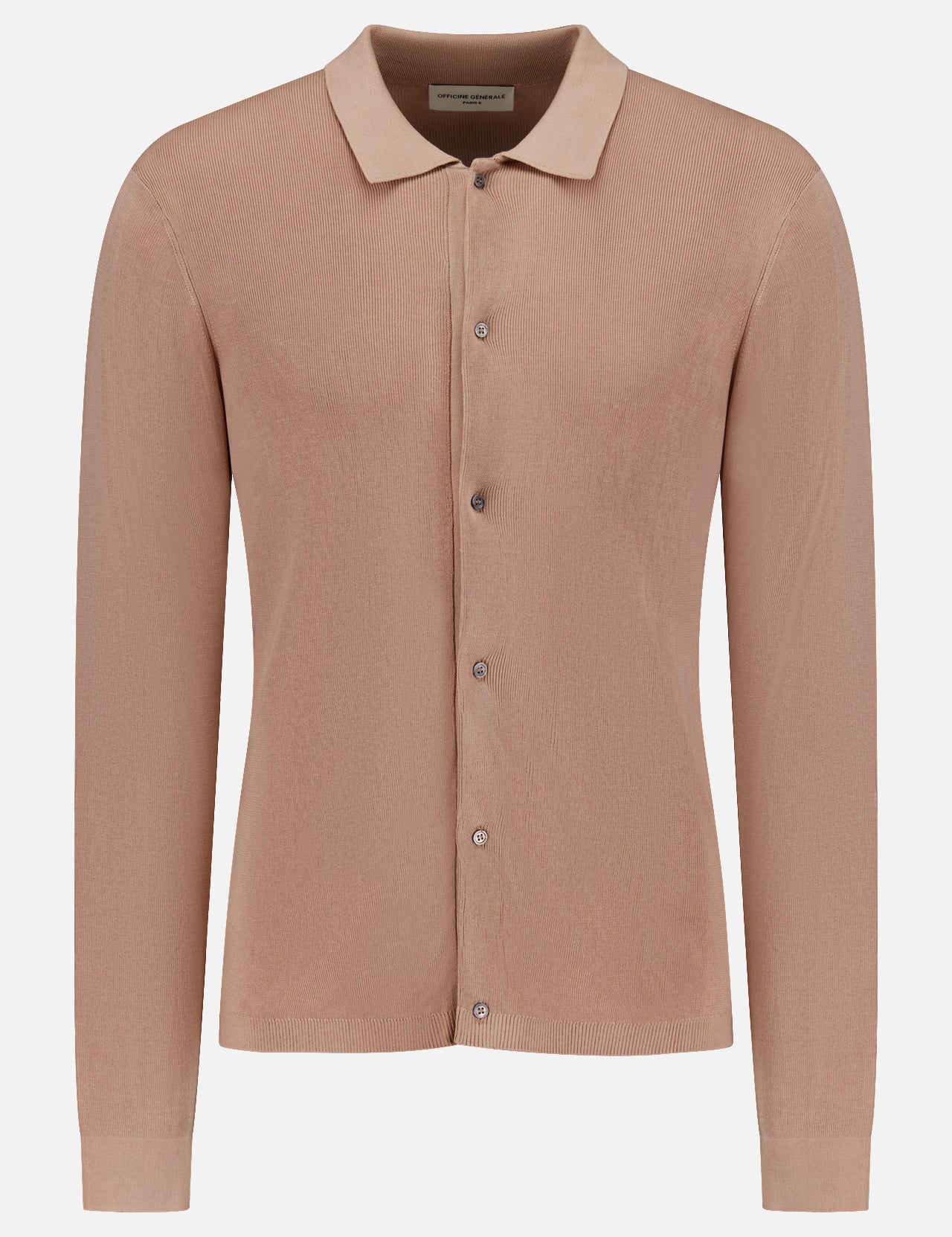 The Brent Buttoned Cardigan by OFFICINE GÉNÉRALE is a light brown, long-sleeve button-up with a classic collar and minimalist design, shown against a plain white background.