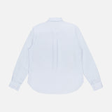 The OFFICINE GÉNÉRALE Candy Stripe Oxford Shirt in light blue features long sleeves, a classic collar, vertical pinstripes, and buttoned cuffs for understated Parisian elegance. Shown from the back.