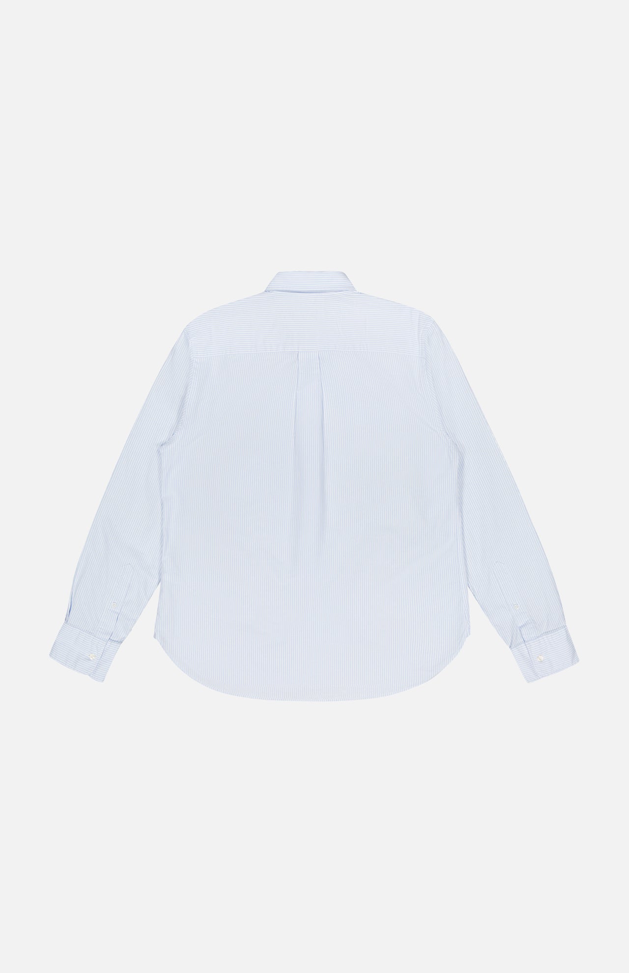 The OFFICINE GÉNÉRALE Candy Stripe Oxford Shirt in light blue features long sleeves, a classic collar, vertical pinstripes, and buttoned cuffs for understated Parisian elegance. Shown from the back.