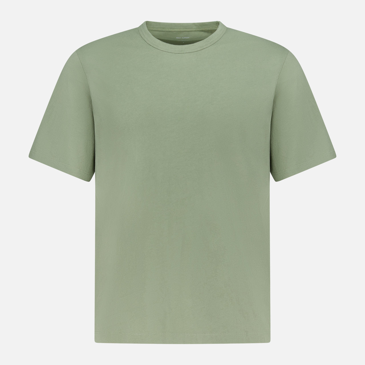 The OFFICINE GÉNÉRALE Cotton Crewneck T-shirt is a plain, short-sleeved, organic cotton tee in sage green, shown on a white background.