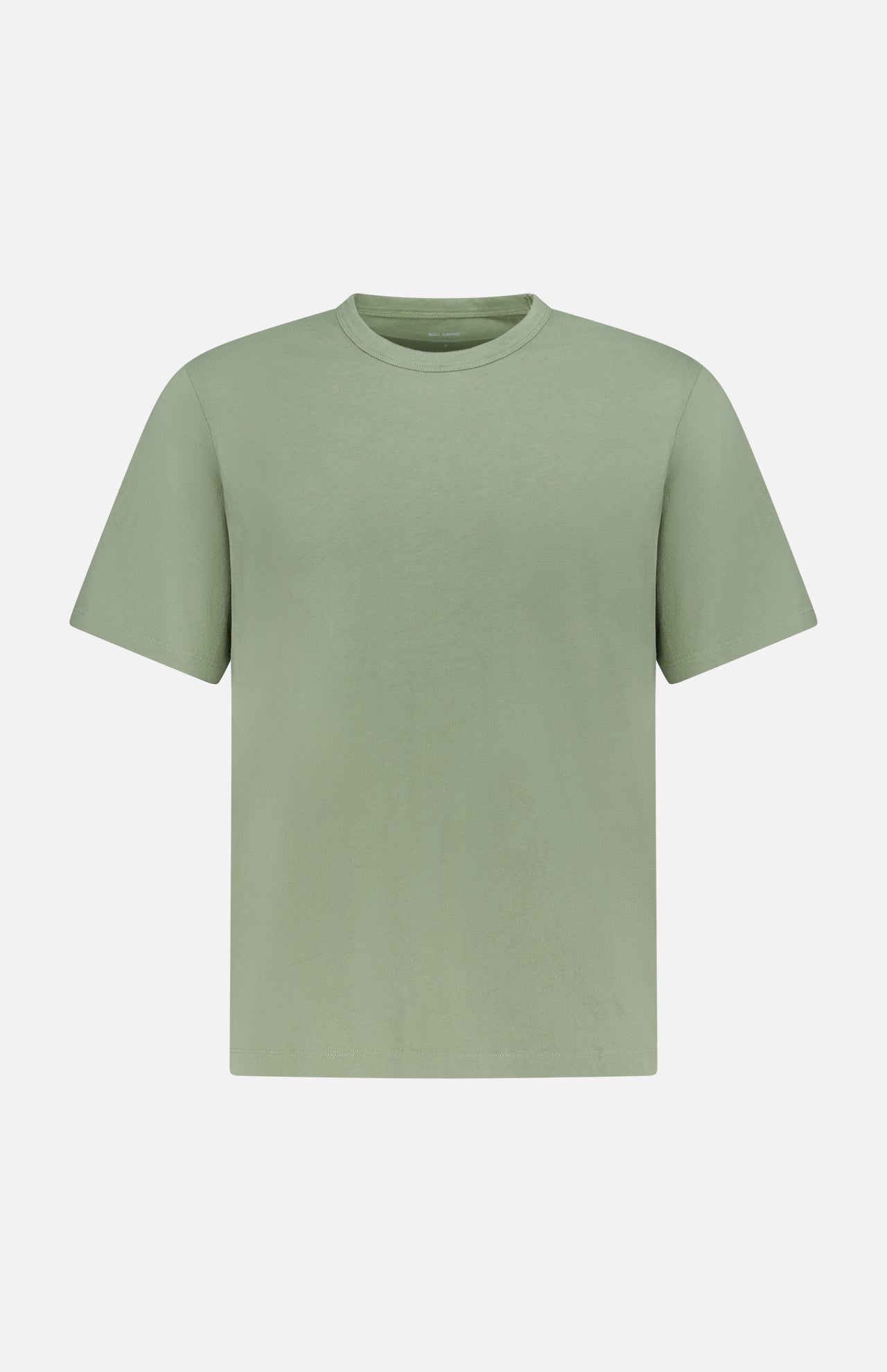 The OFFICINE GÉNÉRALE Cotton Crewneck T-shirt is a plain, short-sleeved, organic cotton tee in sage green, shown on a white background.