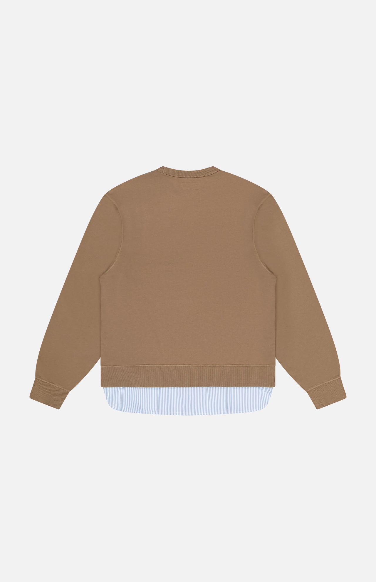 A brown crew neck cotton sweatshirt is shown from the back over the OFFICINE GÉNÉRALE Darius Supro Stripe Shirt, its blue and white striped hem peeking out for a layered look against a plain white background.