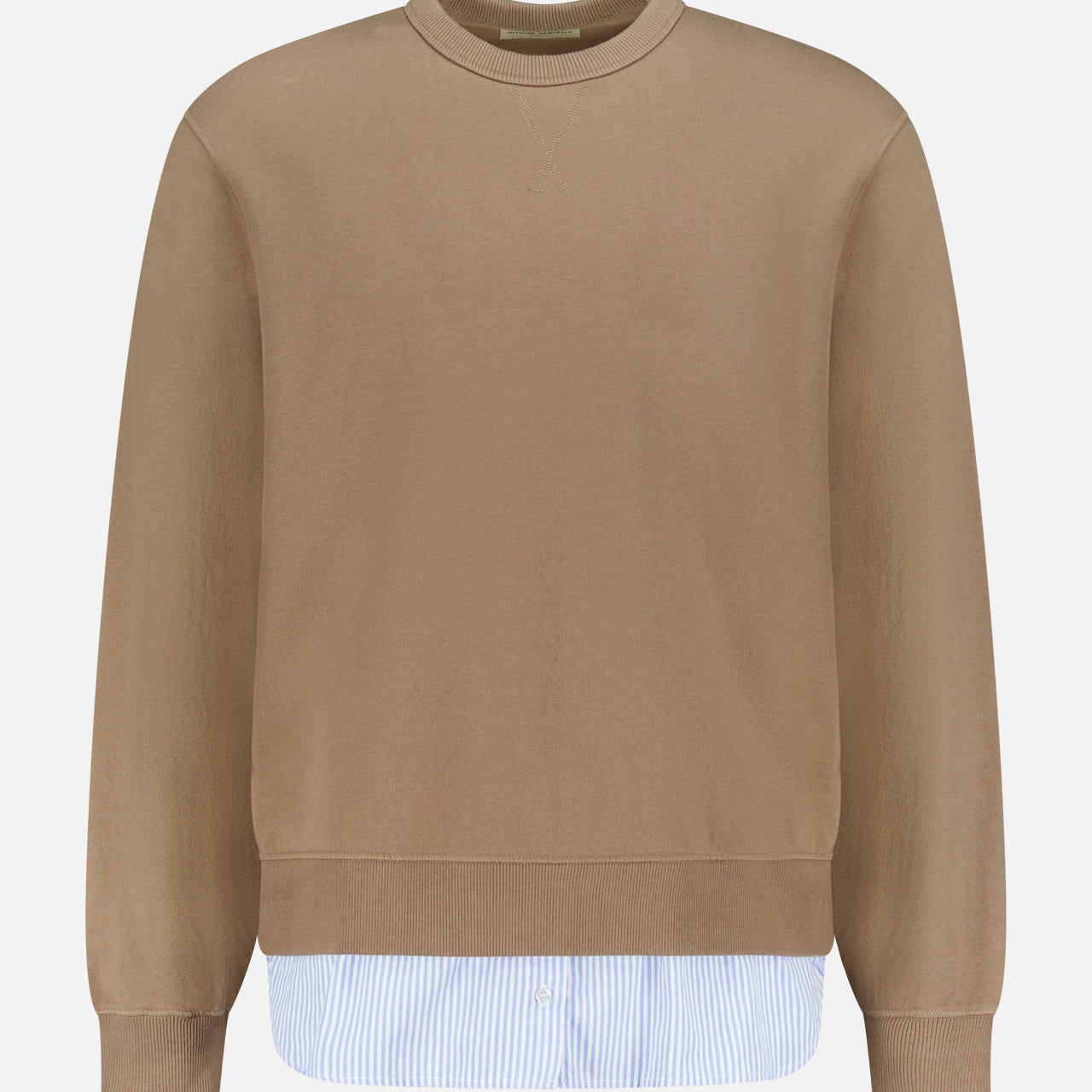 The OFFICINE GÉNÉRALE Darius Suprpo Stripe Shirt is a tan cotton crew neck pullover with ribbed cuffs and hem, featuring blue and white striped fabric layered at the bottom, shown on a plain white background.