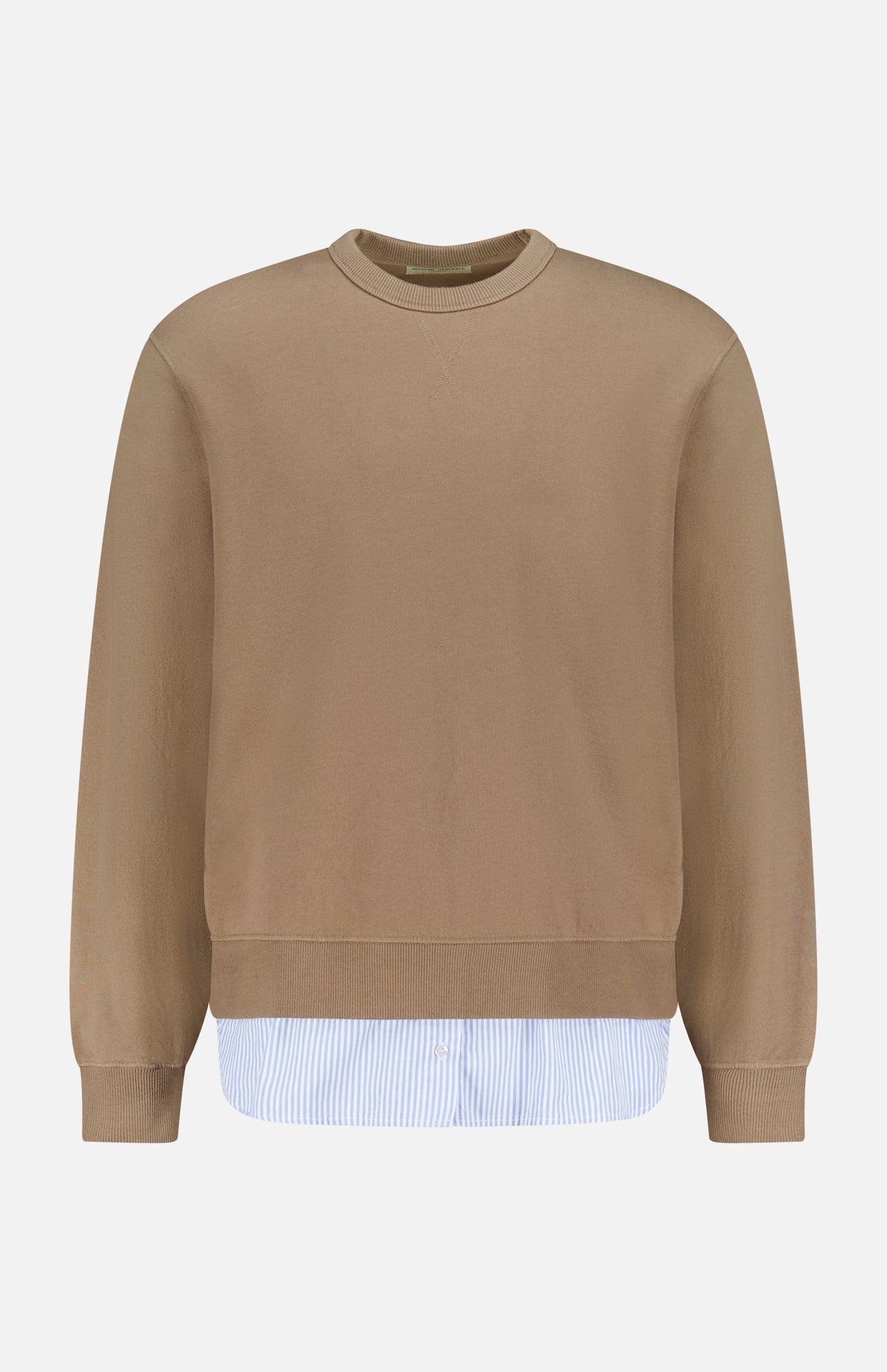 The OFFICINE GÉNÉRALE Darius Suprpo Stripe Shirt is a tan cotton crew neck pullover with ribbed cuffs and hem, featuring blue and white striped fabric layered at the bottom, shown on a plain white background.