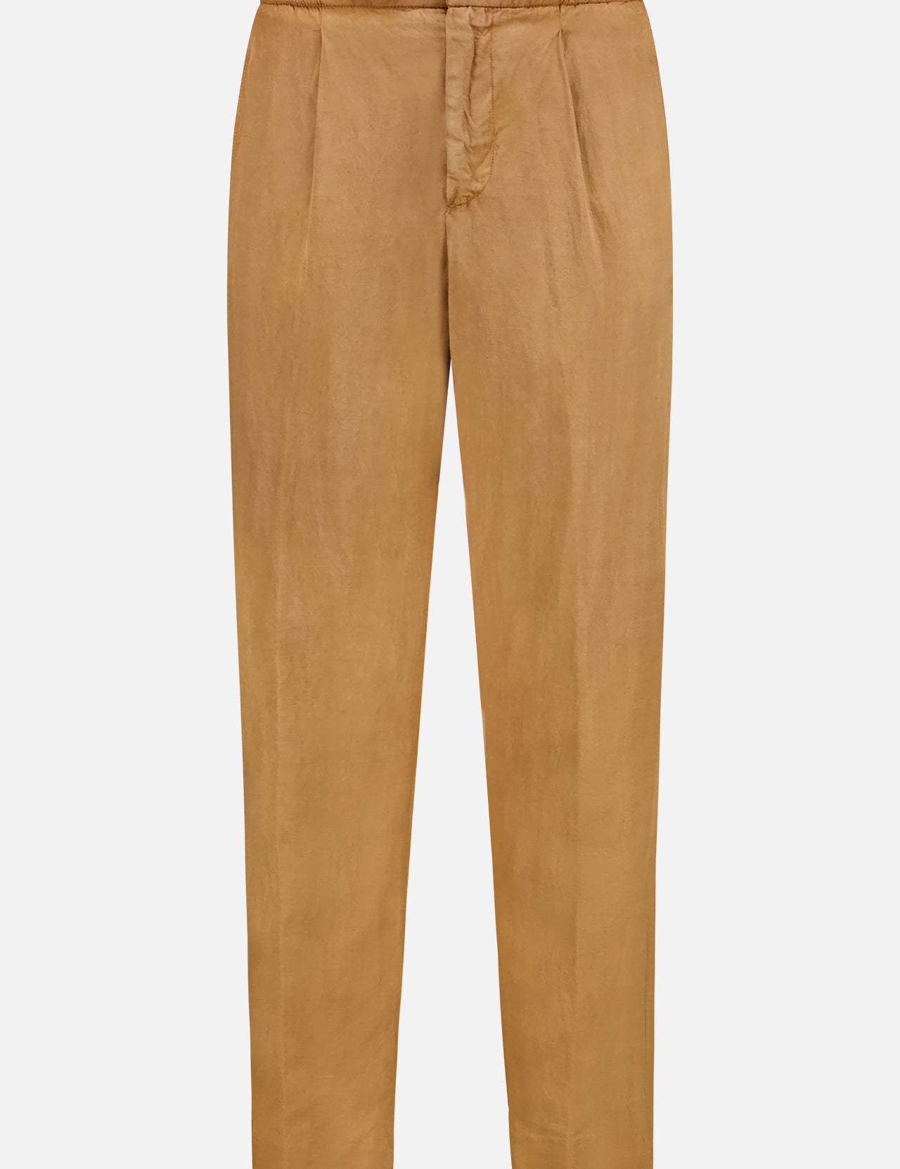 The Drew One-pleat Drawstring Pants by OFFICINE GÉNÉRALE are tan, straight-leg Italian twill trousers with an elastic drawstring waist and front pleats, shown against a plain white background.