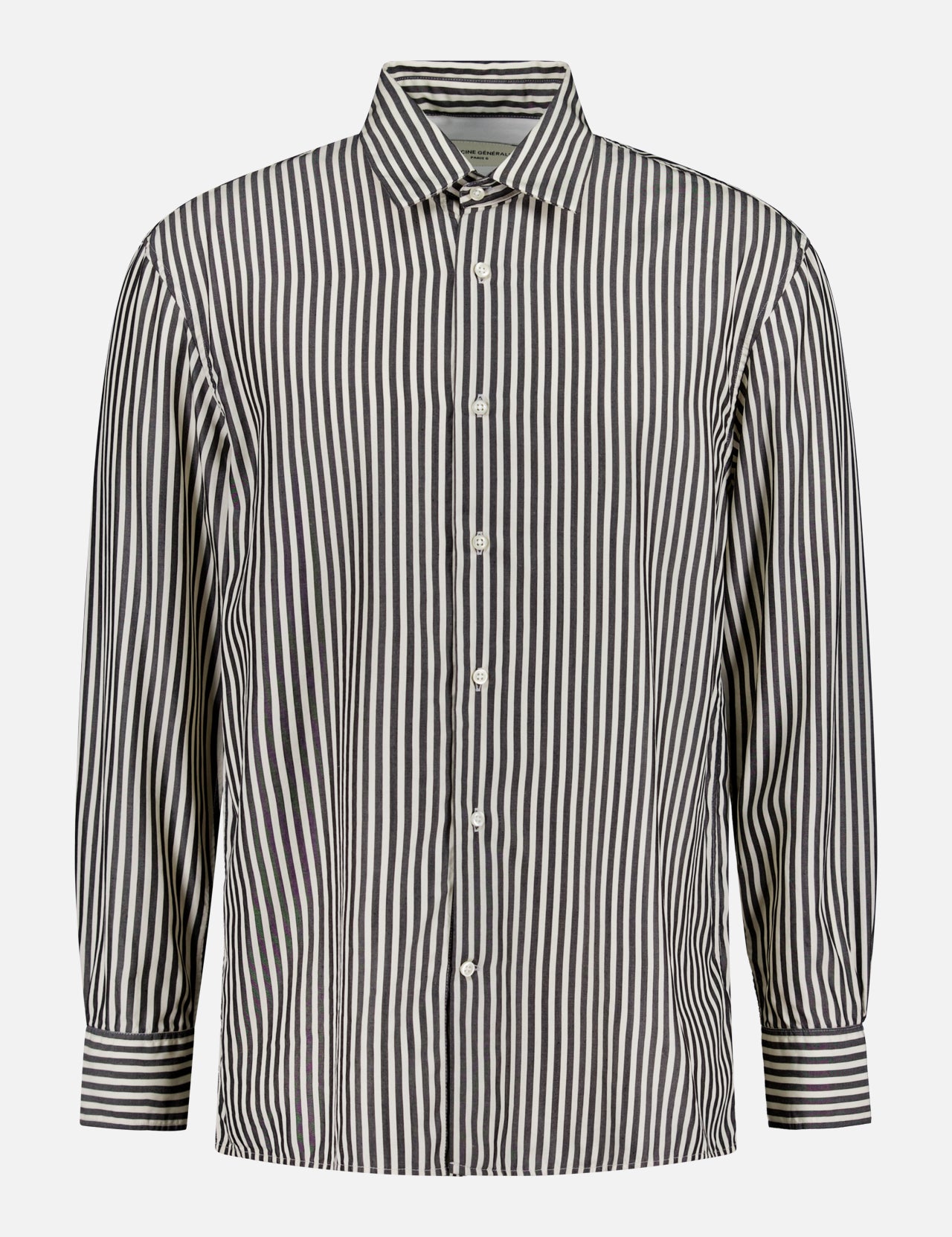 The OFFICINE GÉNÉRALE Gad Candy Stripe Shirt is a collared, long-sleeve button-up featuring vertical black and grey stripes, white front buttons, and buttoned cuffs.