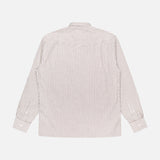 The OFFICINE GÉNÉRALE Gad Striped Shirt is a long-sleeved, brown and white vertically striped cotton shirt, shown laid flat with the back facing up against a white background.