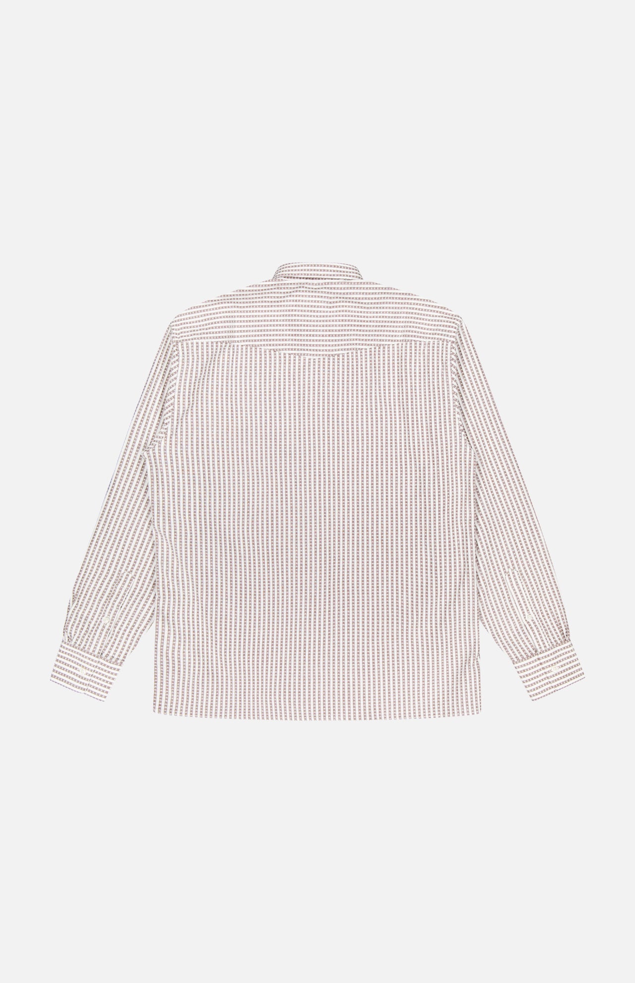 The OFFICINE GÉNÉRALE Gad Striped Shirt is a long-sleeved, brown and white vertically striped cotton shirt, shown laid flat with the back facing up against a white background.