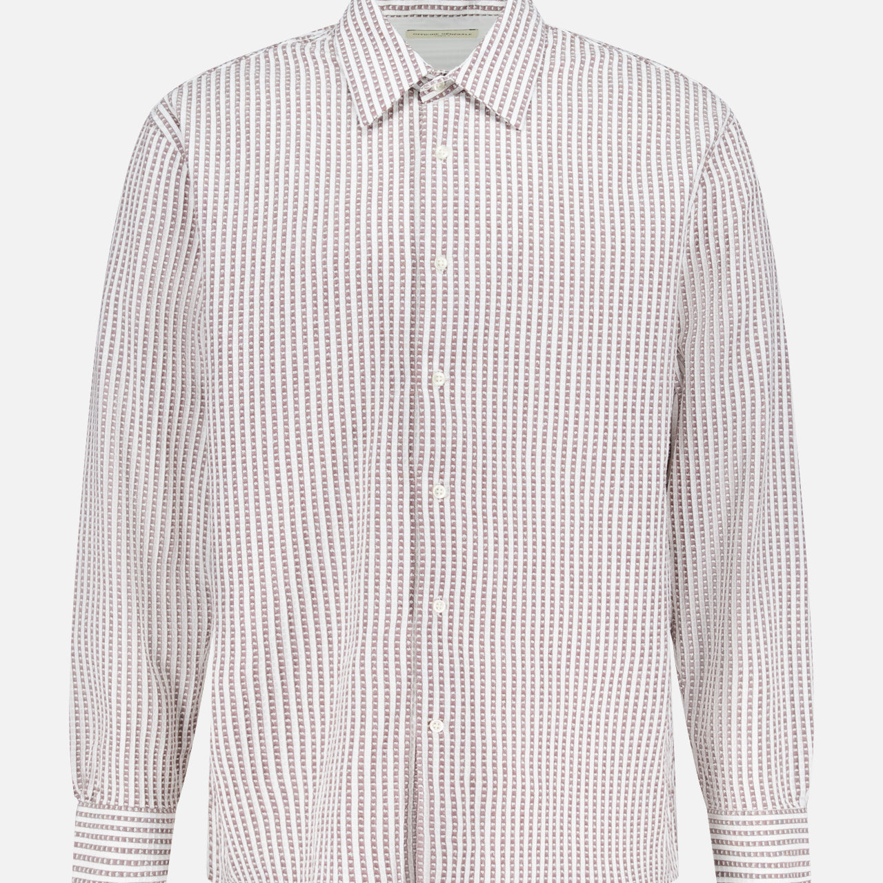 The Gad Striped Shirt by OFFICINE GÉNÉRALE is a long-sleeved cotton shirt with a collar and thin vertical red and white stripes on white—ideal for casual wear on any occasion.