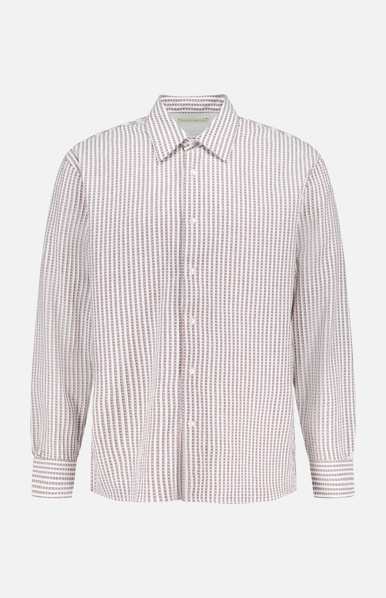 The Gad Striped Shirt by OFFICINE GÉNÉRALE is a long-sleeved cotton shirt with a collar and thin vertical red and white stripes on white—ideal for casual wear on any occasion.