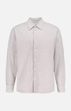 The Gad Striped Shirt by OFFICINE GÉNÉRALE is a long-sleeved cotton shirt with a collar and thin vertical red and white stripes on white—ideal for casual wear on any occasion.