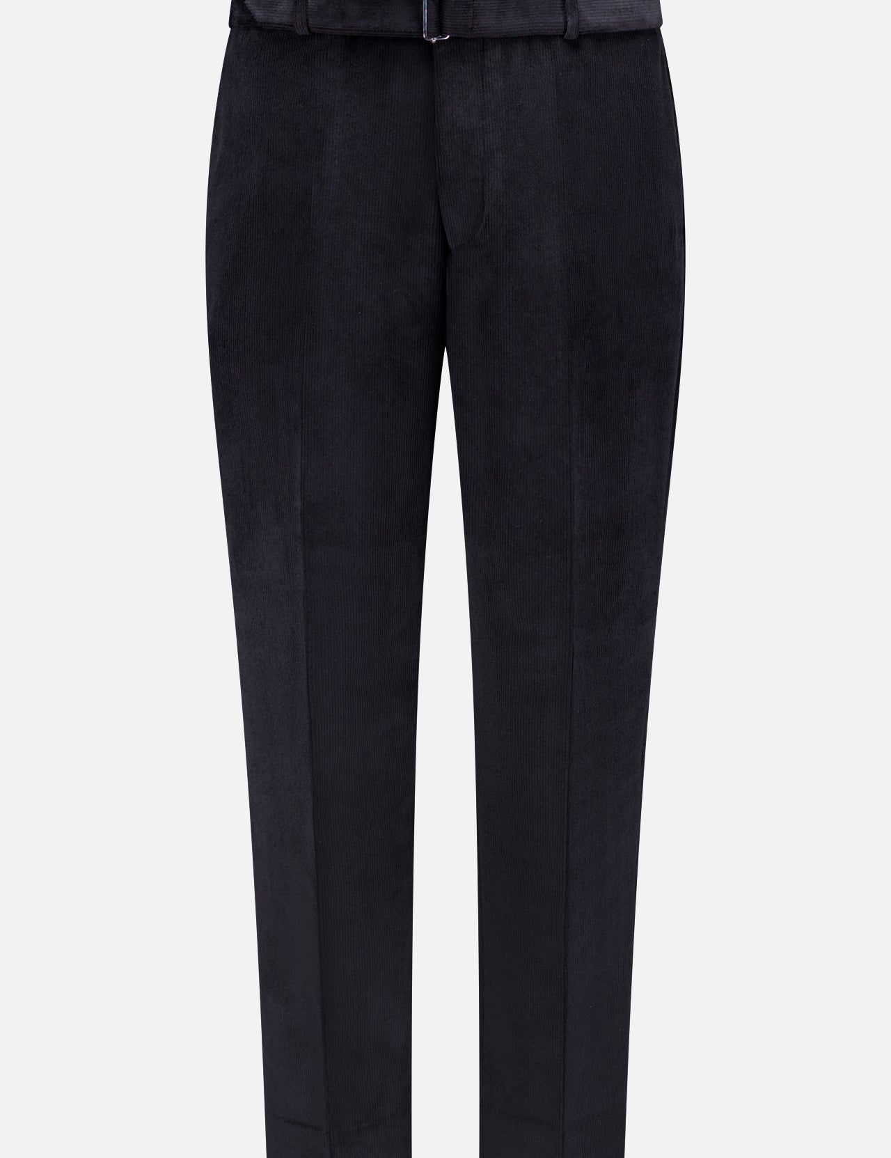 The OFFICINE GÉNÉRALE Hoche Flat Front Corduroy Trouser is a tailored black pair with a straight-leg fit, front creases, and a removable fabric belt with buckle, displayed against a white background.