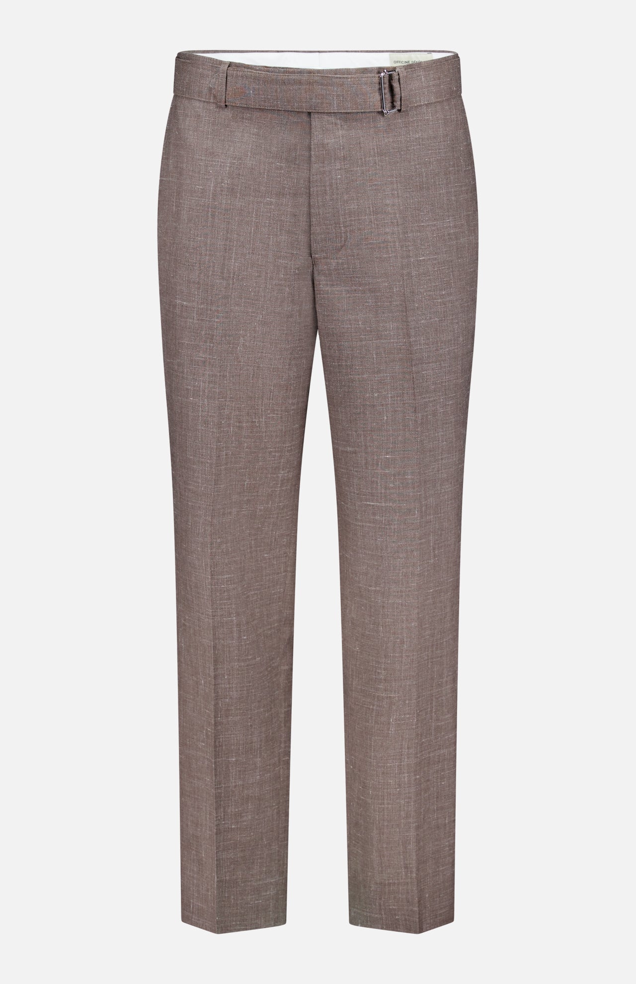 The OFFICINE GÉNÉRALE Hoche Poplin Trouser Pant features a tailored light brown design, subtle texture, belt loops, a removable fabric belt at the waistband, and straight legs, shown against a white background.