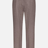 Back view of the OFFICINE GÉNÉRALE Hoche Poplin Trouser Pant in light brown, featuring belt loops, two buttoned back pockets, and a tailored fit—crafted from a luxurious wool-silk-linen blend.