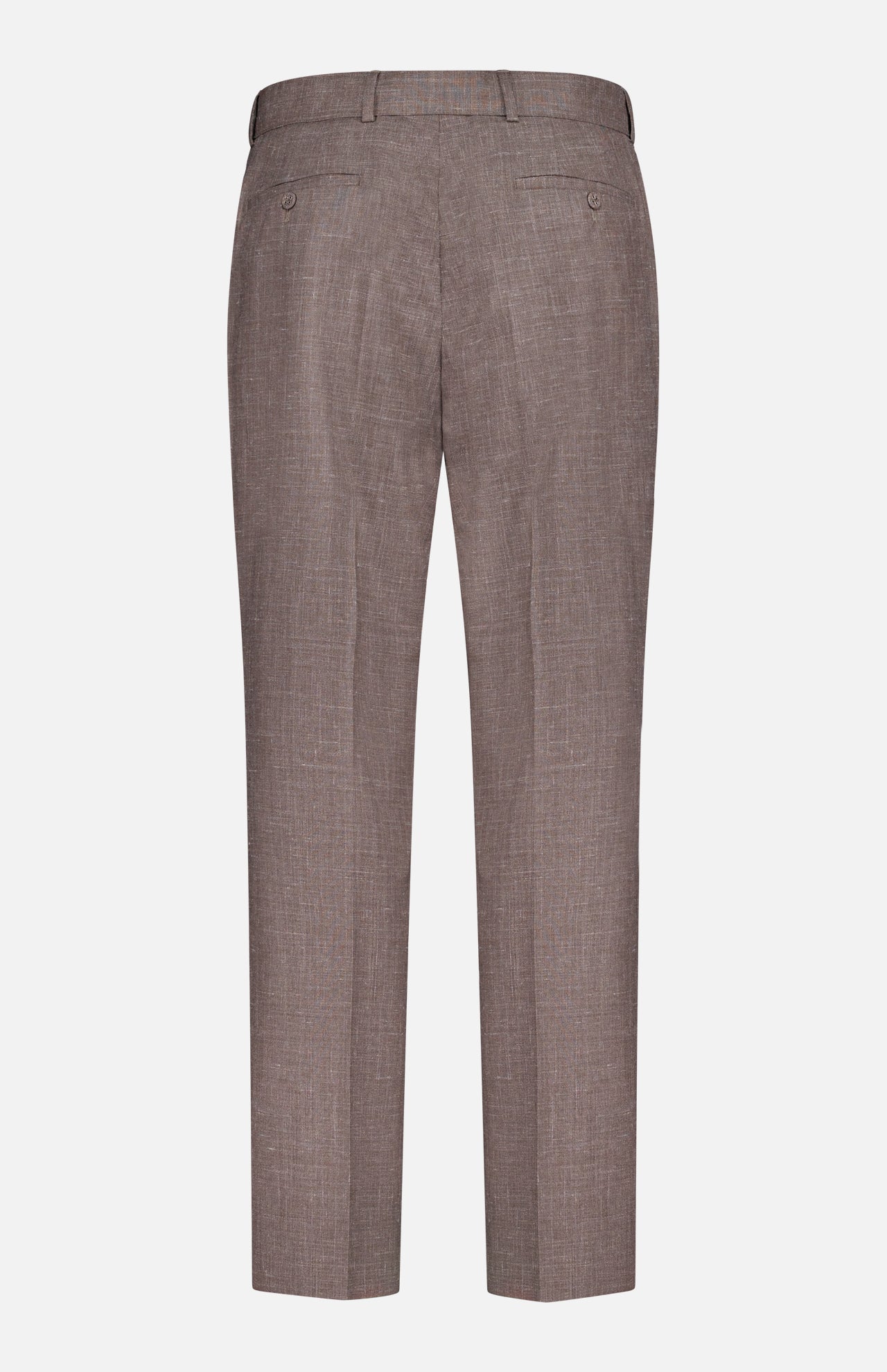 Back view of the OFFICINE GÉNÉRALE Hoche Poplin Trouser Pant in light brown, featuring belt loops, two buttoned back pockets, and a tailored fit—crafted from a luxurious wool-silk-linen blend.