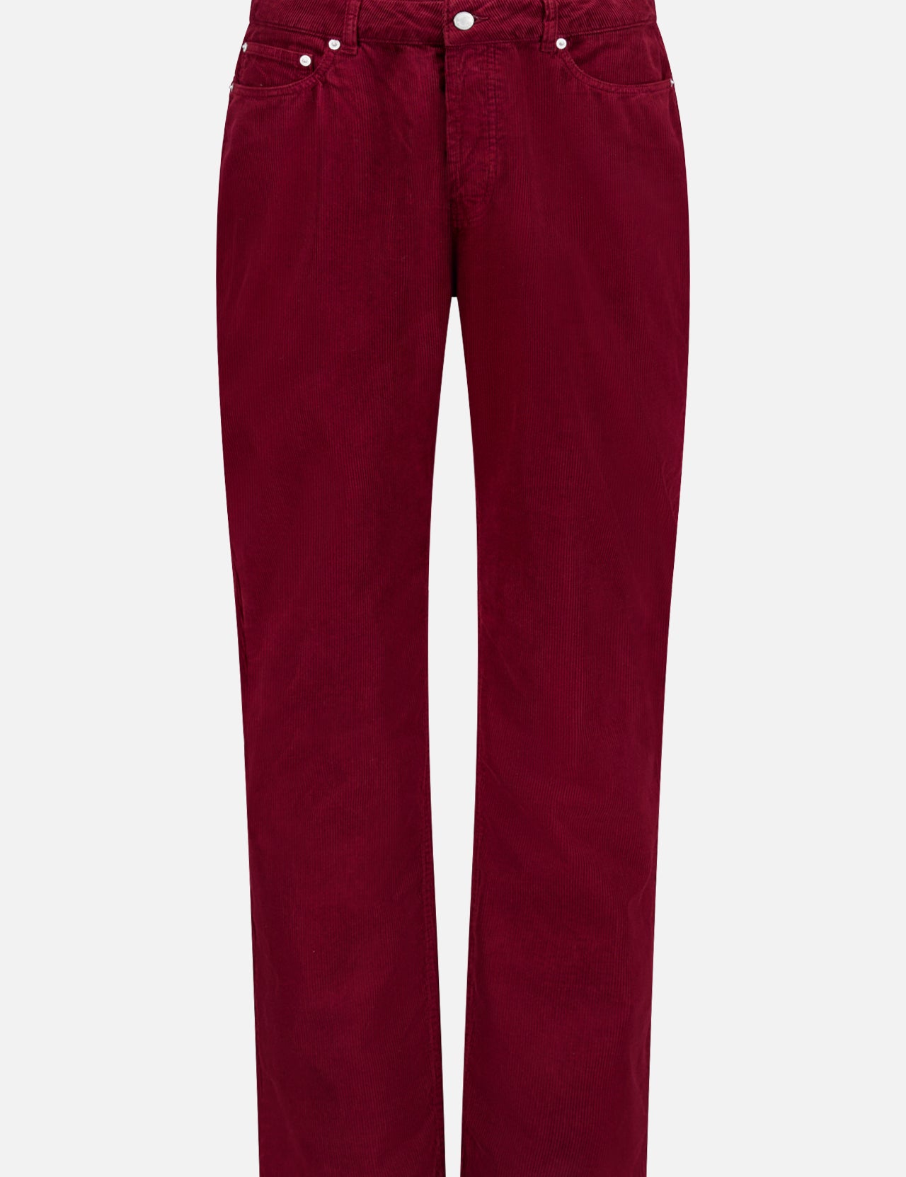 The OFFICINE GÉNÉRALE James Straight Cut Corduroy Pant features a high-waisted, straight-leg fit in deep burgundy with classic 5-pocket styling, belt loops, and button closure, shown on a plain white background.