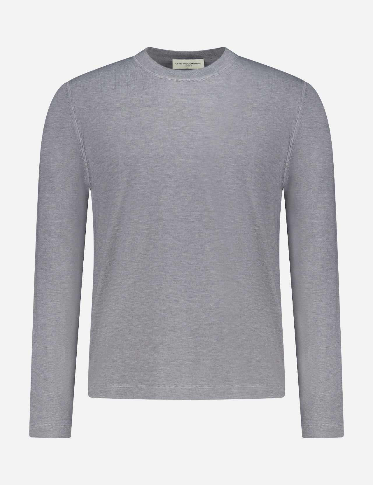 The OFFICINE GÉNÉRALE Knitted Long Sleeve T-shirt features a plain, light gray design with a round neck, shown against a white background.