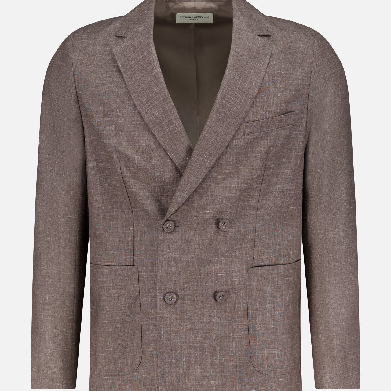 The OFFICINE GÉNÉRALE Leon Double Breasted Poplin Blazer, in light brown with notch lapels, flap and chest pockets, is showcased against a plain white background.