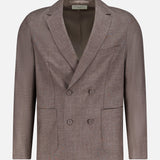 The OFFICINE GÉNÉRALE Leon Double Breasted Poplin Blazer, in light brown with notch lapels, flap and chest pockets, is showcased against a plain white background.