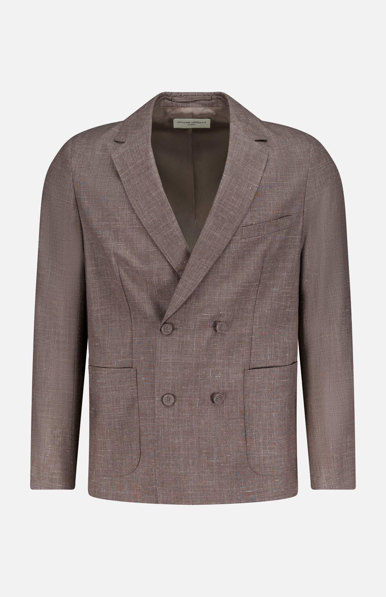 The OFFICINE GÉNÉRALE Leon Double Breasted Poplin Blazer, in light brown with notch lapels, flap and chest pockets, is showcased against a plain white background.