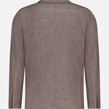 A back view of the Leon Double Breasted Poplin Blazer by OFFICINE GÉNÉRALE in light brown, featuring long sleeves and buttoned cuffs, displayed against a plain white background.