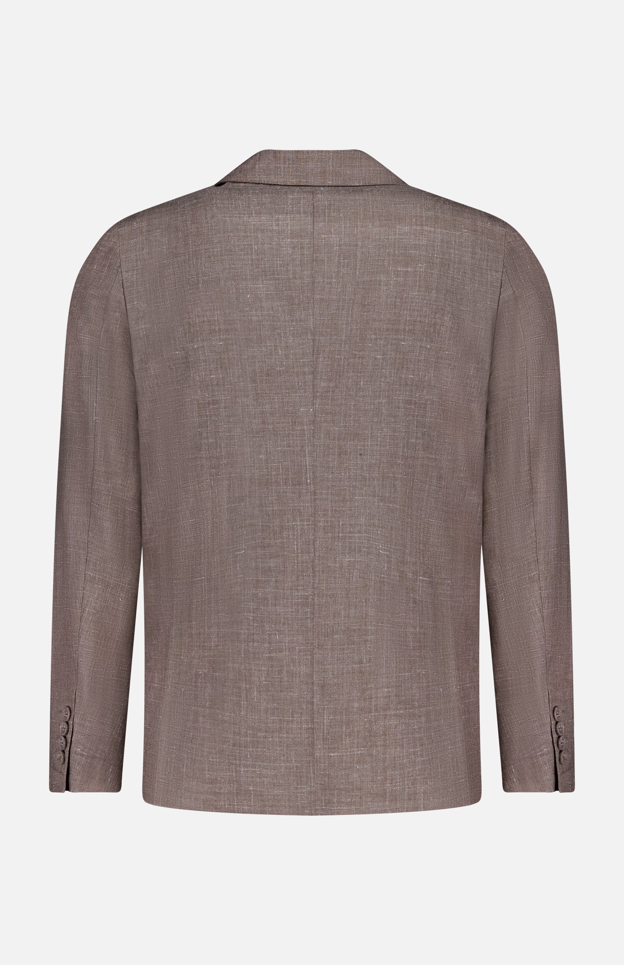 A back view of the Leon Double Breasted Poplin Blazer by OFFICINE GÉNÉRALE in light brown, featuring long sleeves and buttoned cuffs, displayed against a plain white background.