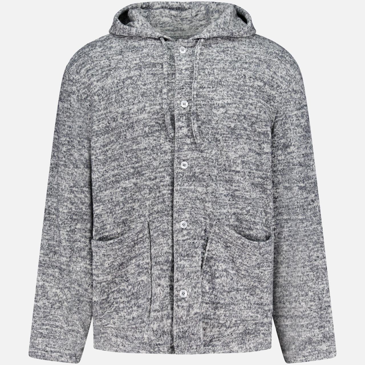 The OFFICINE GÉNÉRALE Melange Basile Drawstring Hoodie is a heather gray, long-sleeve cardigan with a drawstring hood, front buttons, and two patch pockets, shown against a plain white background.