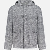 The OFFICINE GÉNÉRALE Melange Basile Drawstring Hoodie is a heather gray, long-sleeve cardigan with a drawstring hood, front buttons, and two patch pockets, shown against a plain white background.