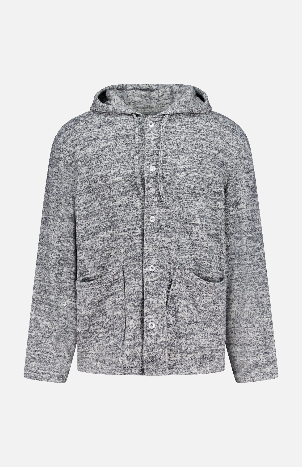 The OFFICINE GÉNÉRALE Melange Basile Drawstring Hoodie is a heather gray, long-sleeve cardigan with a drawstring hood, front buttons, and two patch pockets, shown against a plain white background.