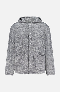 The OFFICINE GÉNÉRALE Melange Basile Drawstring Hoodie is a heather gray, long-sleeve cardigan with a drawstring hood, front buttons, and two patch pockets, shown against a plain white background.