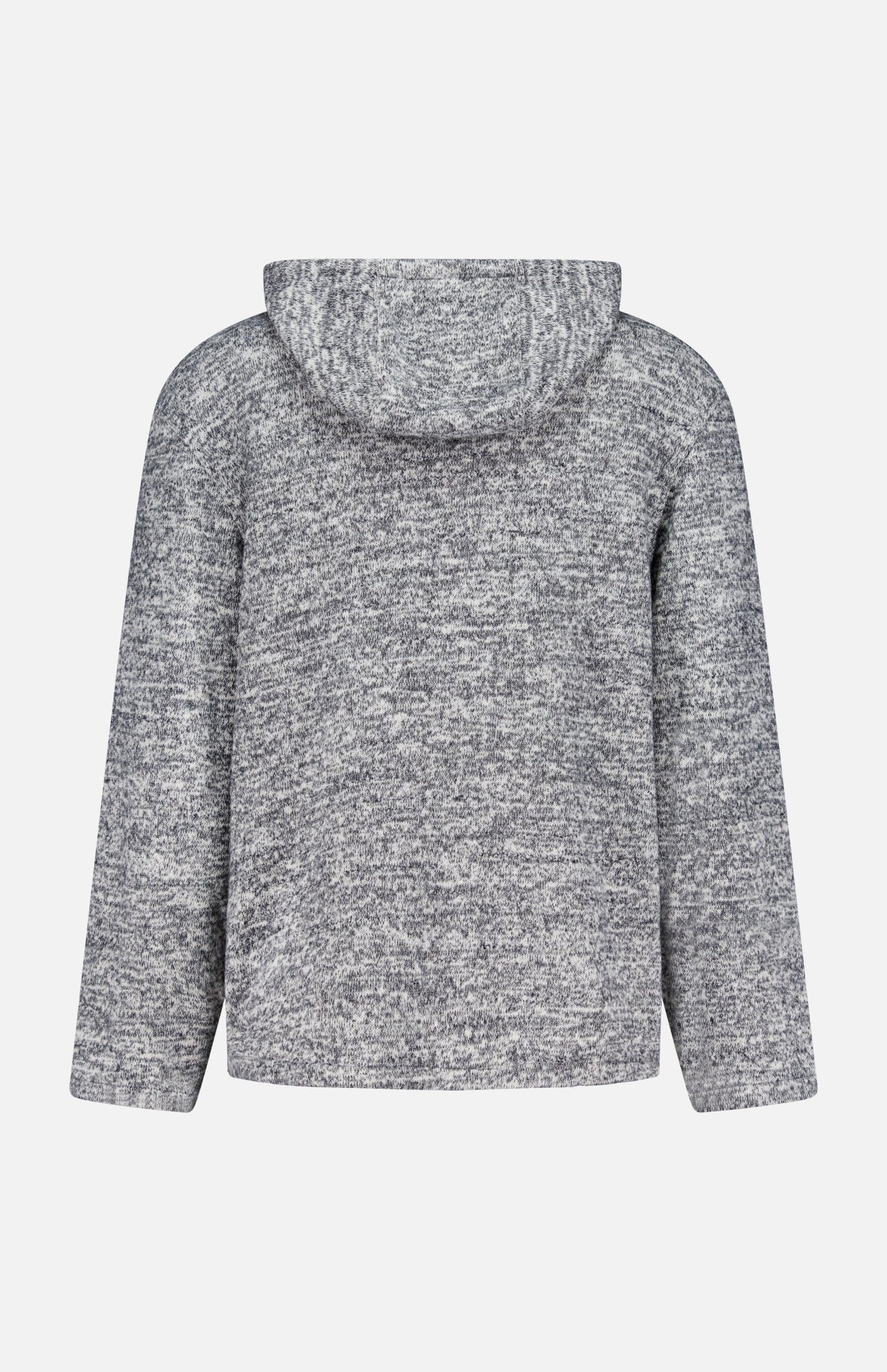 A back view of the OFFICINE GÉNÉRALE Melange Basile Drawstring Hoodie in grey, featuring long sleeves and a heathered texture, is displayed against a plain white background.