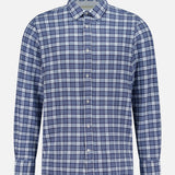 The Arsene Waffled Cotton Checkered Long Sleeve Shirt by OFFICINE GÉNÉRALE features a blue and white check pattern, a classic collar, and button-up front. Crafted from comfortable stretch cotton for added ease of movement, this men's casual shirt is displayed on a plain white background and is the perfect choice for both relaxed and smart-casual occasions.