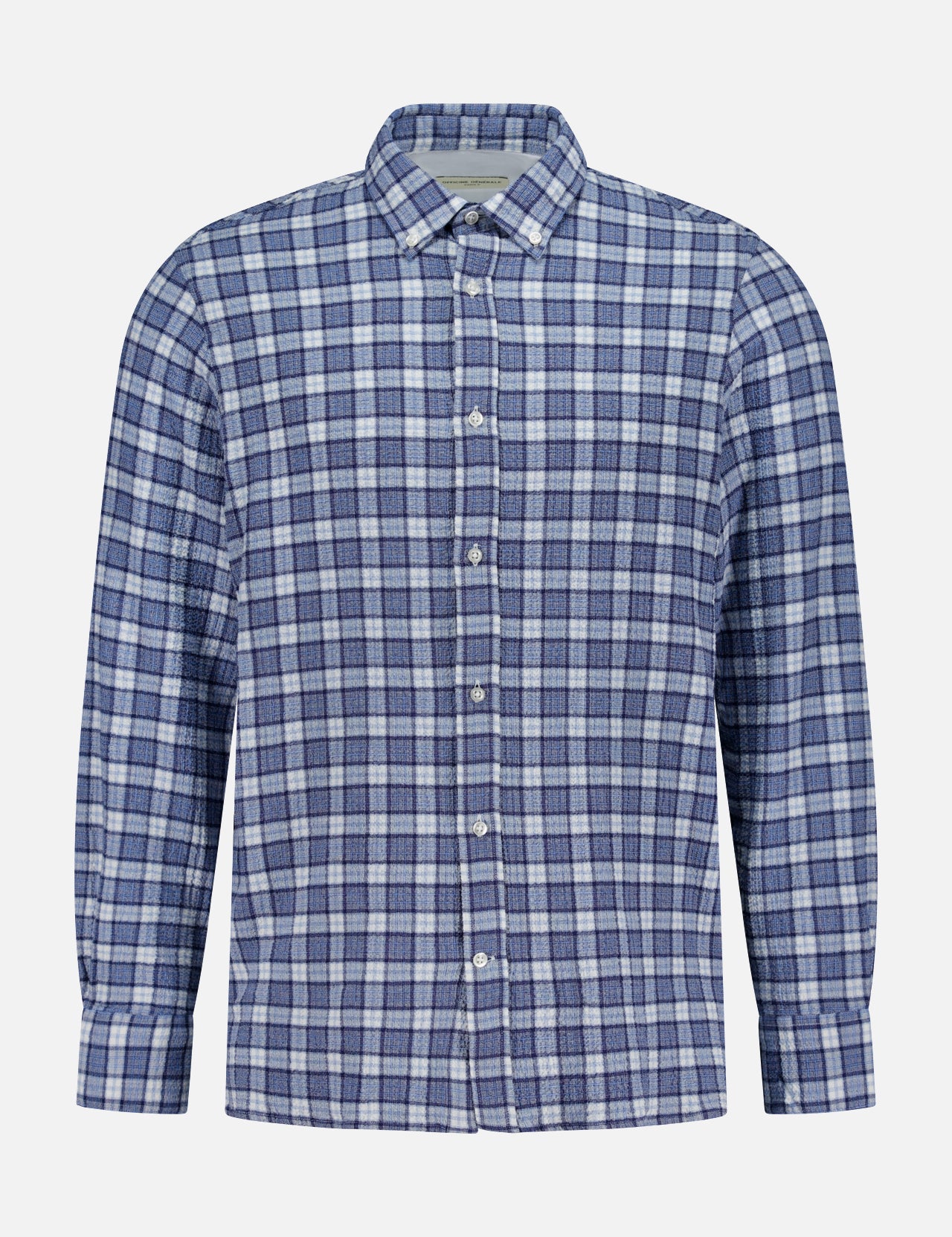 The Arsene Waffled Cotton Checkered Long Sleeve Shirt by OFFICINE GÉNÉRALE features a blue and white check pattern, a classic collar, and button-up front. Crafted from comfortable stretch cotton for added ease of movement, this men's casual shirt is displayed on a plain white background and is the perfect choice for both relaxed and smart-casual occasions.