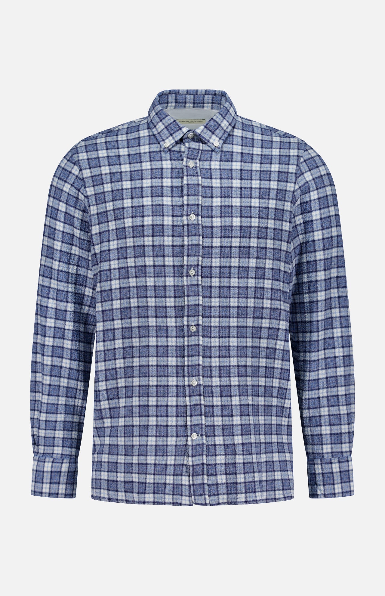 The Arsene Waffled Cotton Checkered Long Sleeve Shirt by OFFICINE GÉNÉRALE features a blue and white check pattern, a classic collar, and button-up front. Crafted from comfortable stretch cotton for added ease of movement, this men's casual shirt is displayed on a plain white background and is the perfect choice for both relaxed and smart-casual occasions.