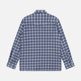 The OFFICINE GÉNÉRALE Arsene Waffled Cotton Checkered Long Sleeve Shirt is a men's casual button-up featuring blue, white, and gray plaid in soft stretch cotton for enhanced comfort, displayed from the back against a plain white background.