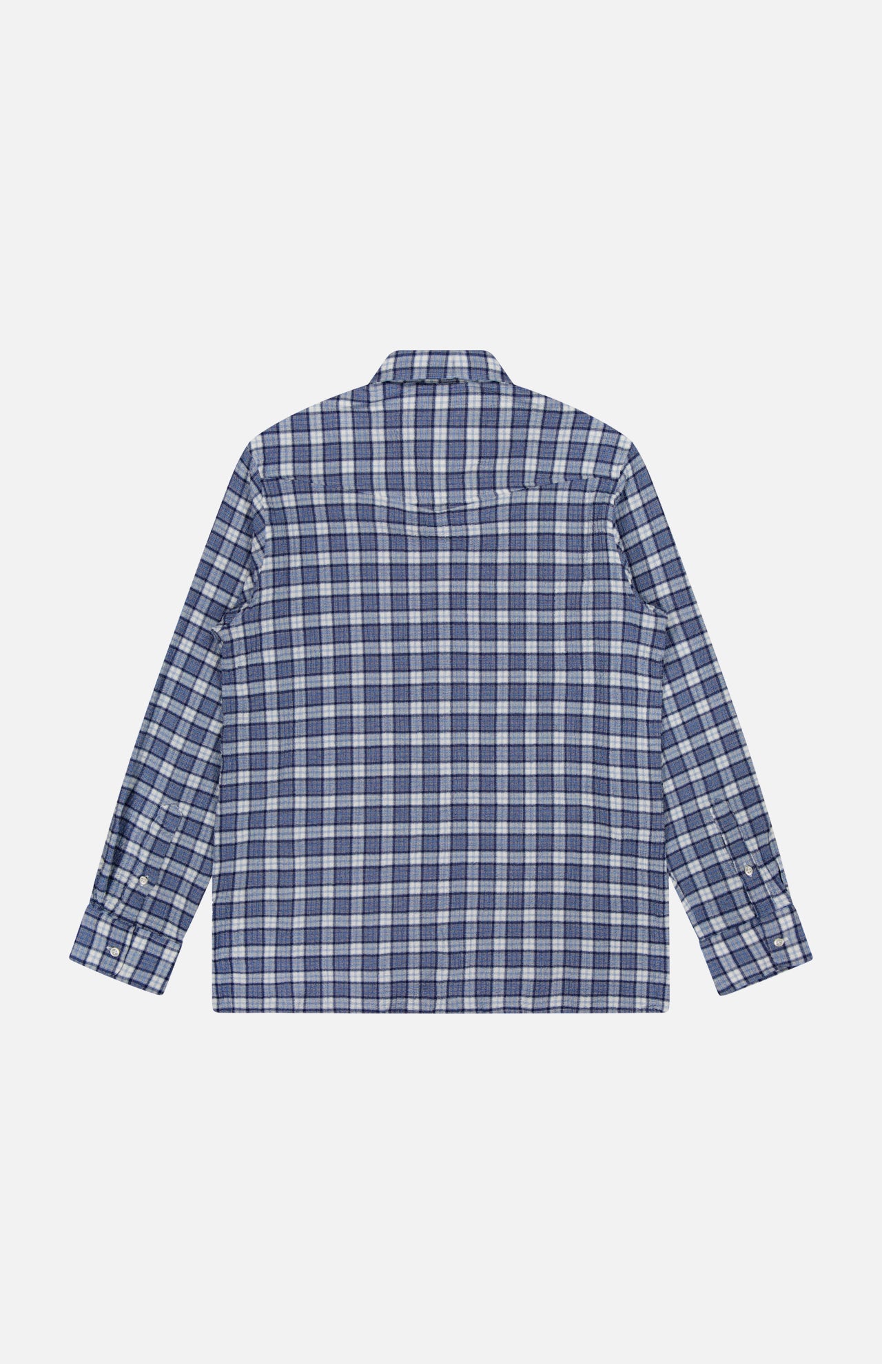 The OFFICINE GÉNÉRALE Arsene Waffled Cotton Checkered Long Sleeve Shirt is a men's casual button-up featuring blue, white, and gray plaid in soft stretch cotton for enhanced comfort, displayed from the back against a plain white background.