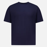 The OFFICINE CREATIVE Cotton Crewneck T-shirt for men is displayed from the back in plain navy blue with short sleeves, set against a white background.