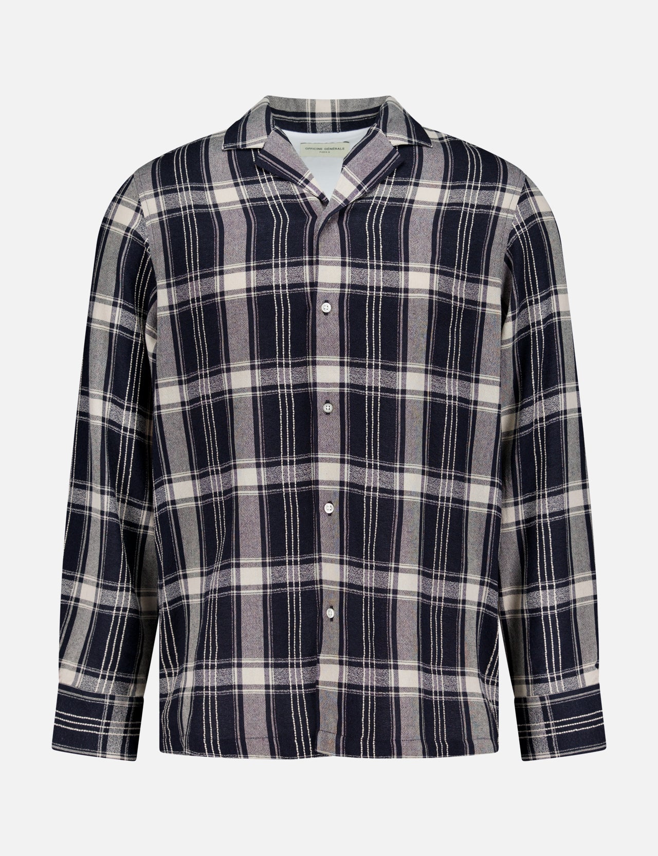 The Eren Long Sleeve Gaze Checkered Shirt by OFFICINE GÉNÉRALE features a navy blue, white, and gray plaid pattern. Made in Portugal, this classic camp shirt is designed with a traditional collar and front buttons, showcased against a plain white background.