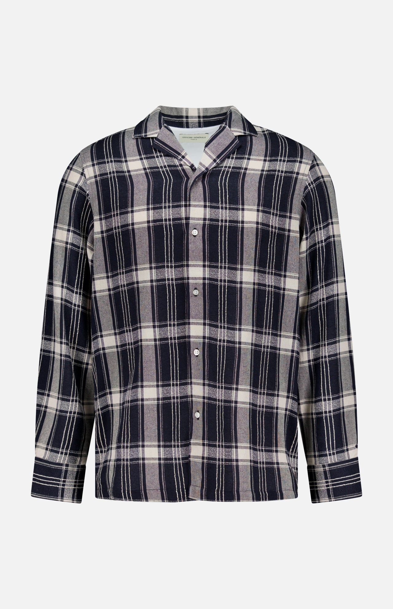 The Eren Long Sleeve Gaze Checkered Shirt by OFFICINE GÉNÉRALE features a navy blue, white, and gray plaid pattern. Made in Portugal, this classic camp shirt is designed with a traditional collar and front buttons, showcased against a plain white background.