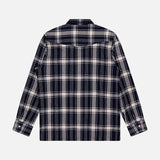The Eren Long Sleeve Gaze Checkered Shirt by OFFICINE GÉNÉRALE, crafted in Portugal, showcases a navy blue, white, and gray plaid pattern. The shirt is displayed from the back against a plain white background.