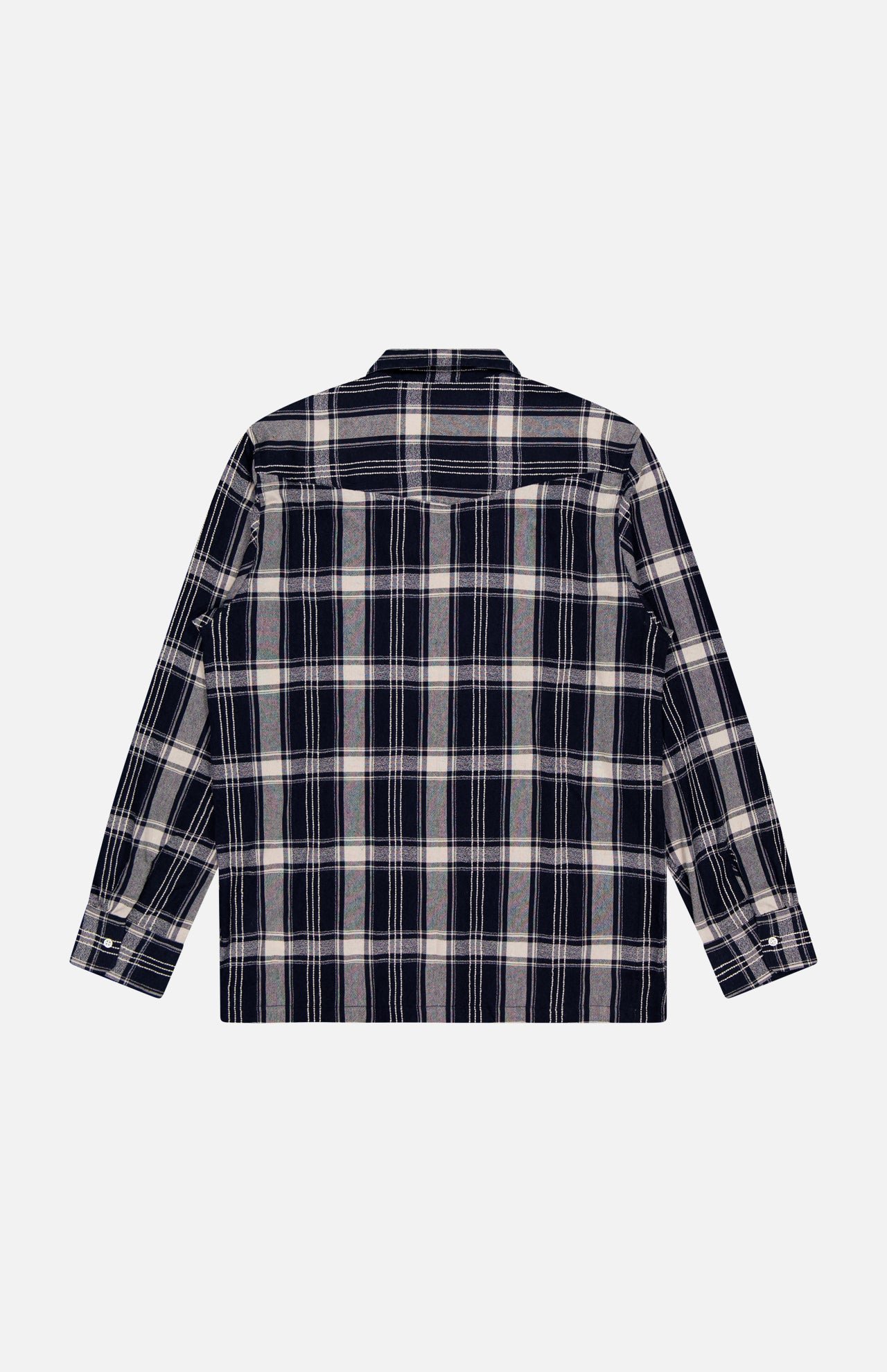 The Eren Long Sleeve Gaze Checkered Shirt by OFFICINE GÉNÉRALE, crafted in Portugal, showcases a navy blue, white, and gray plaid pattern. The shirt is displayed from the back against a plain white background.