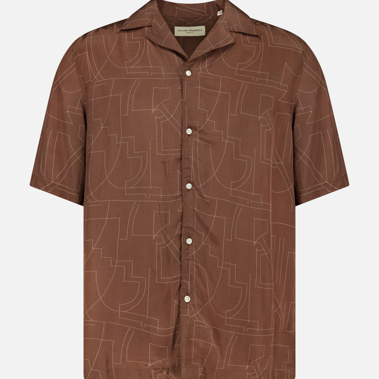 The Eren Short Sleeve Crepe Dot Design Shirt by OFFICINE GÉNÉRALE features a brown shade, camp collar, and subtle geometric dot pattern, shown on a plain white background.