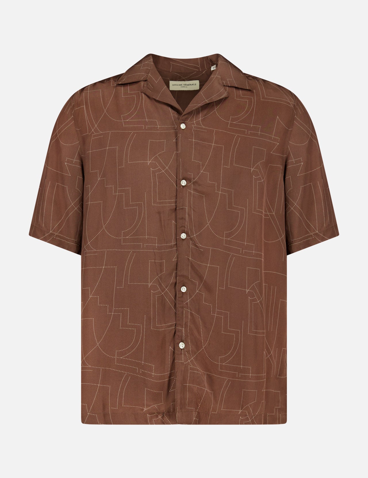 The Eren Short Sleeve Crepe Dot Design Shirt by OFFICINE GÉNÉRALE features a brown shade, camp collar, and subtle geometric dot pattern, shown on a plain white background.