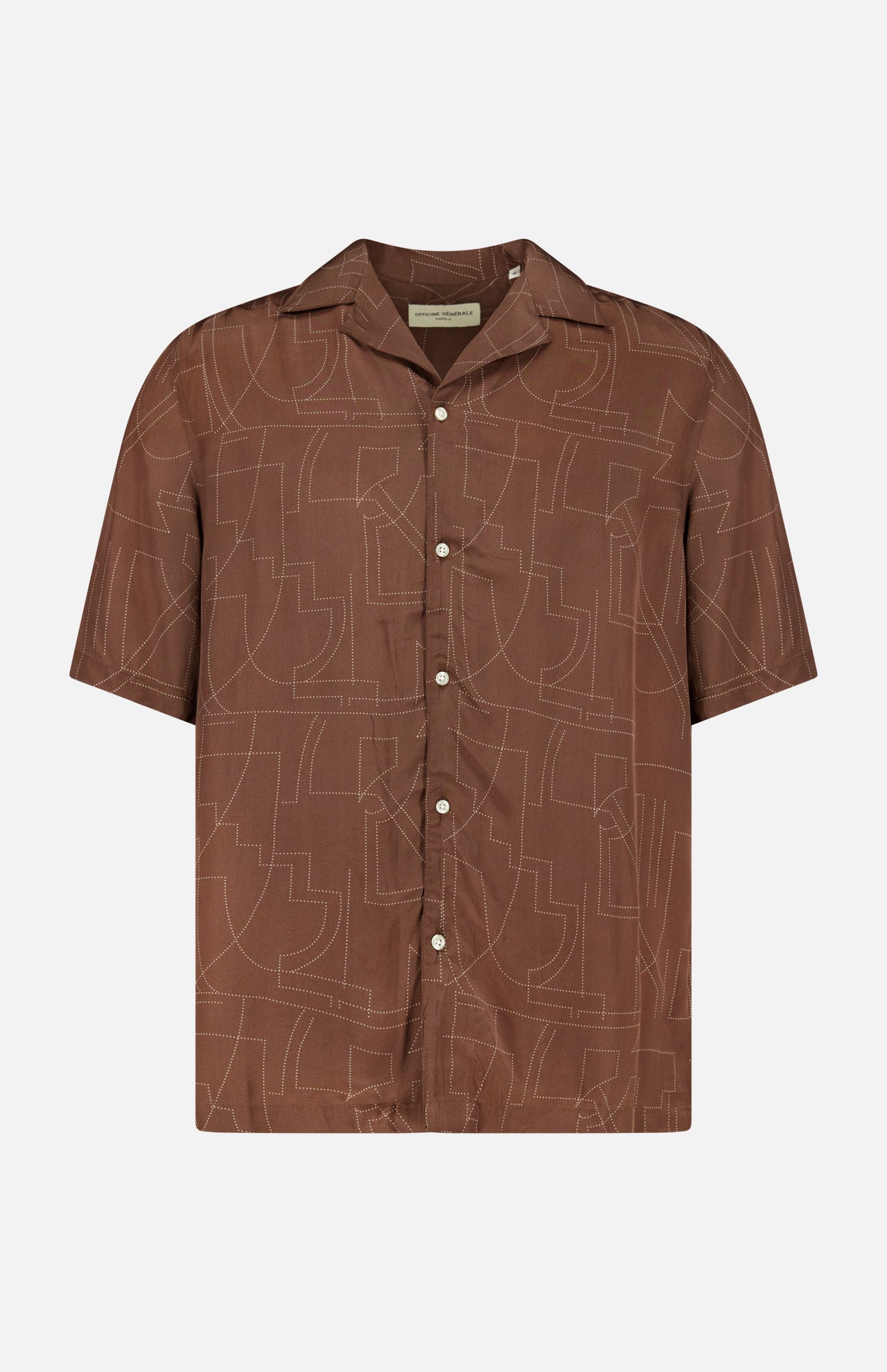 The Eren Short Sleeve Crepe Dot Design Shirt by OFFICINE GÉNÉRALE features a brown shade, camp collar, and subtle geometric dot pattern, shown on a plain white background.
